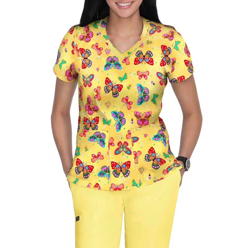 Women’s Butterfly Print V-Neck Scrub Top